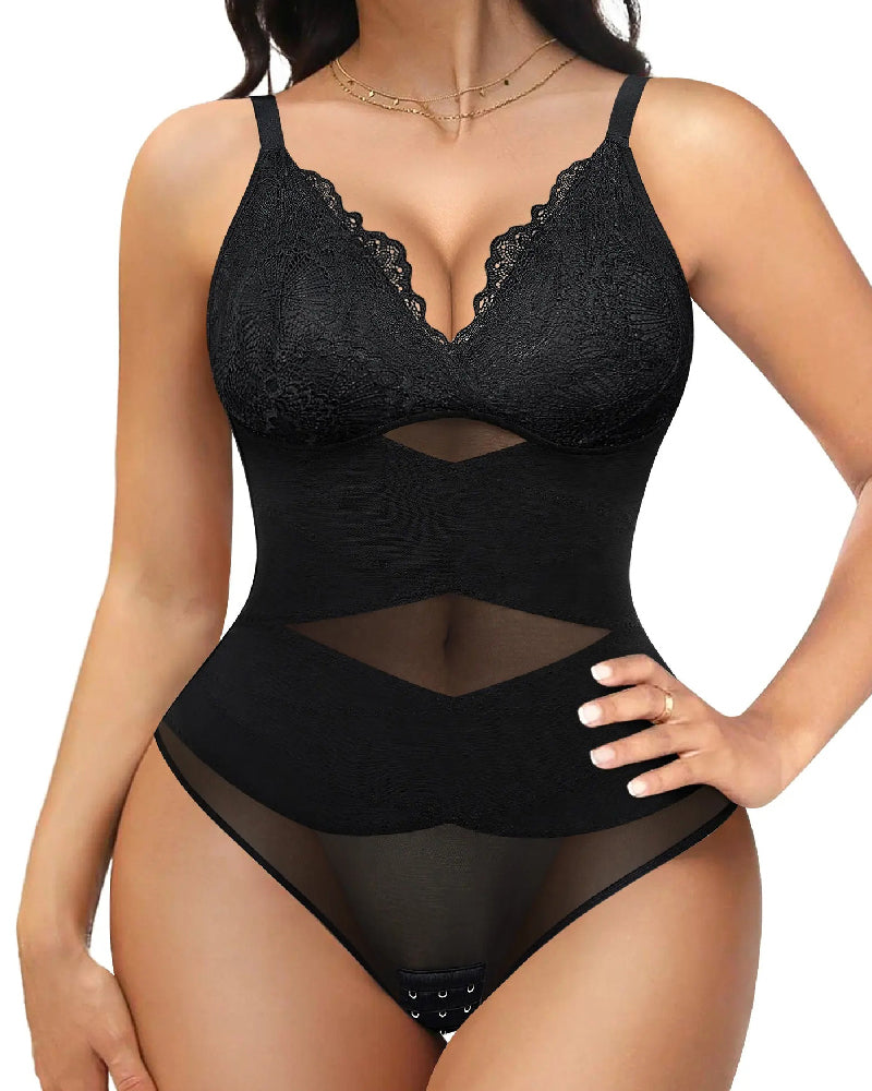 Women's Tummy Control V Neck Thong Bodysuit Corset Sculpting Lace Camisoles Shapewear  - By Qivii