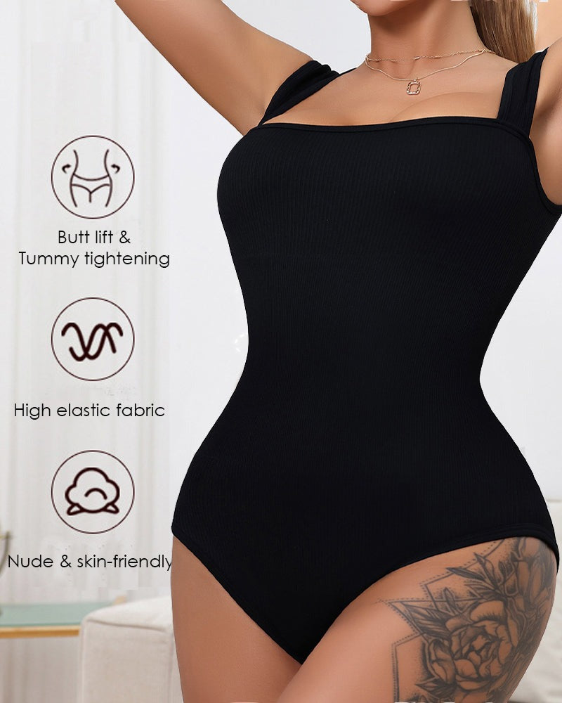 Shapshe® Square Neck Sleeveless Knit Ribbed Seamless Tummy Control Tank Tops Bodysuit  - By Qivii