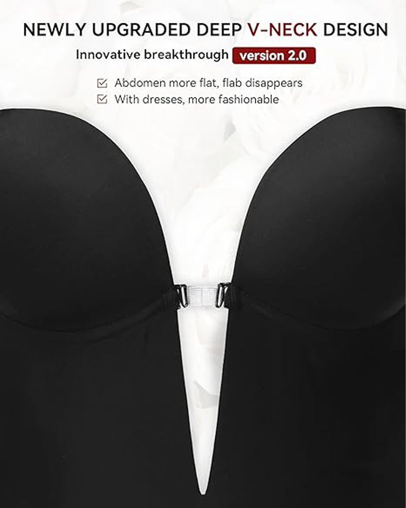 Plunge Backless Bodysuit Seamless Built In Bra Thong Shapewear  - By Qivii