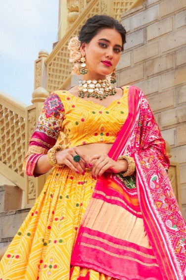 Yellow Color Digital Printed gaji Silk Lehenga