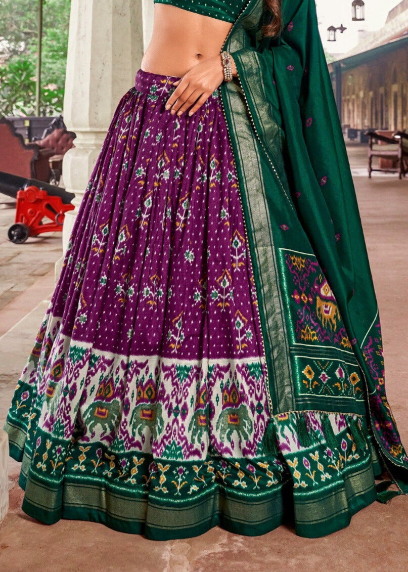 Tussar Silk Patola Print With Foil Work Lehenga Choli In Purple Color