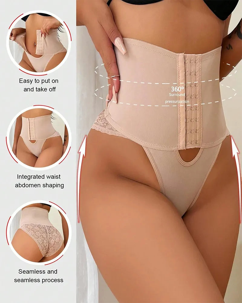 Shapshe® Front-opening Shapewear with Lace Trimmed Tummy Control Panty  - By Qivii