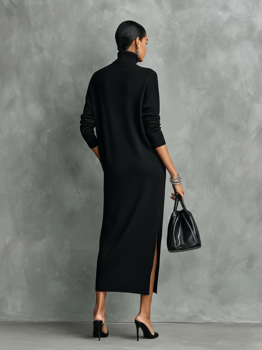 Women's Elegant Black Knitted Turtleneck Long-sleeved Loose-fitting Midi Dress With No Pockets MDA1974L7AN