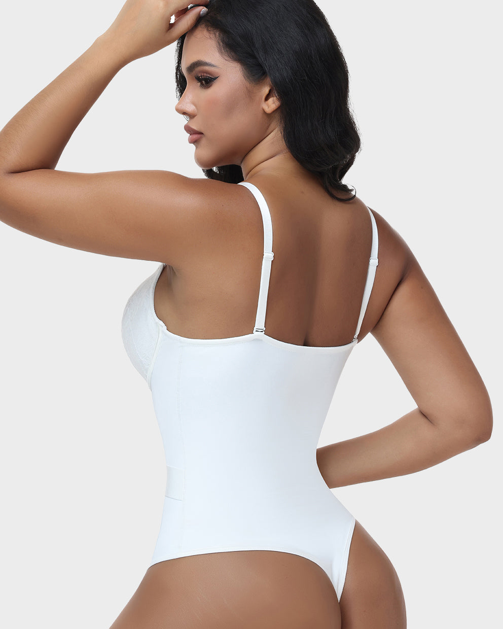 V Neck Lace Thong Bodysuit Adjustable Straps Waist Cinching Shapewear
