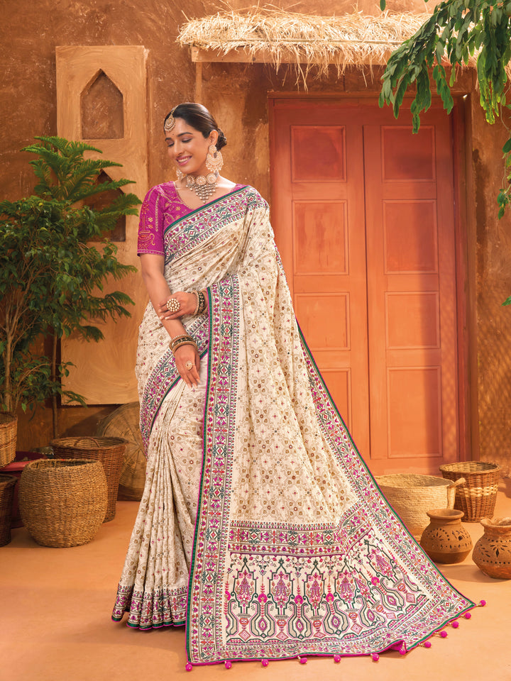 CREAM BANARAS SILK SAREE WITH PURE KACHHI WORK, DIAMOND & MIRROR HEAVY WORK REAL WORK