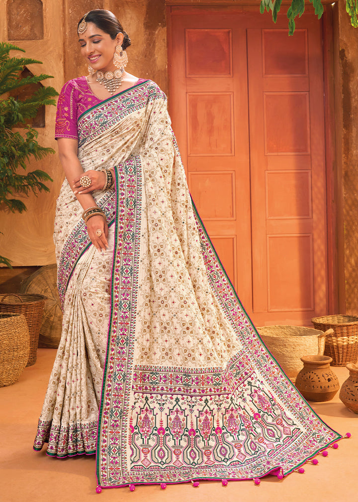 Pearl White Banarasi Silk Saree with Diamond, Mirror & Kachhi work