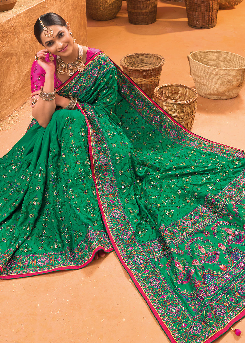 Castleton Green Banarasi Silk Saree with Diamond,Mirror & Kachhi work