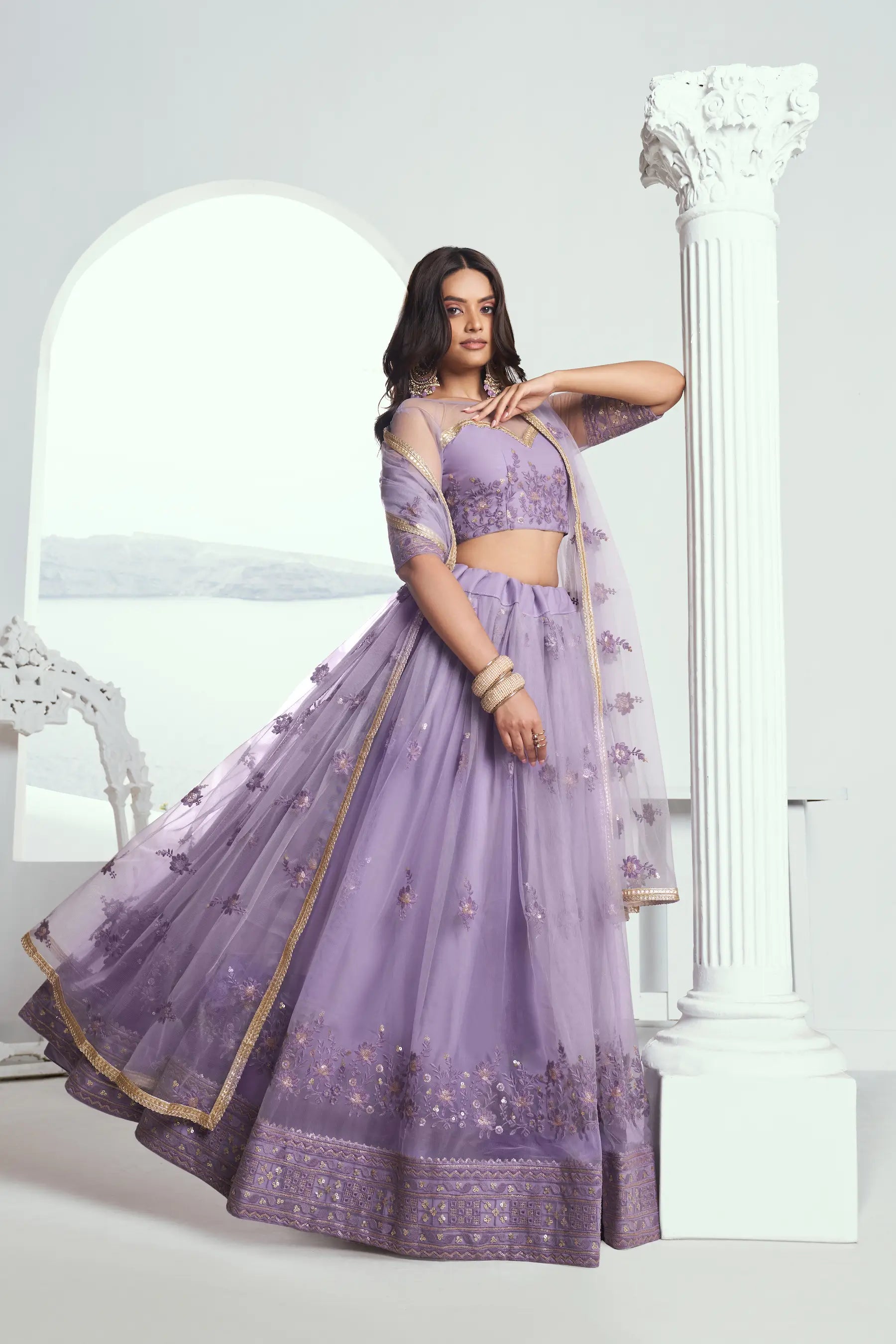 Lavender Net Lehenga Choli with Cotton Thread Work & Sequence Embroidery Work - qivii