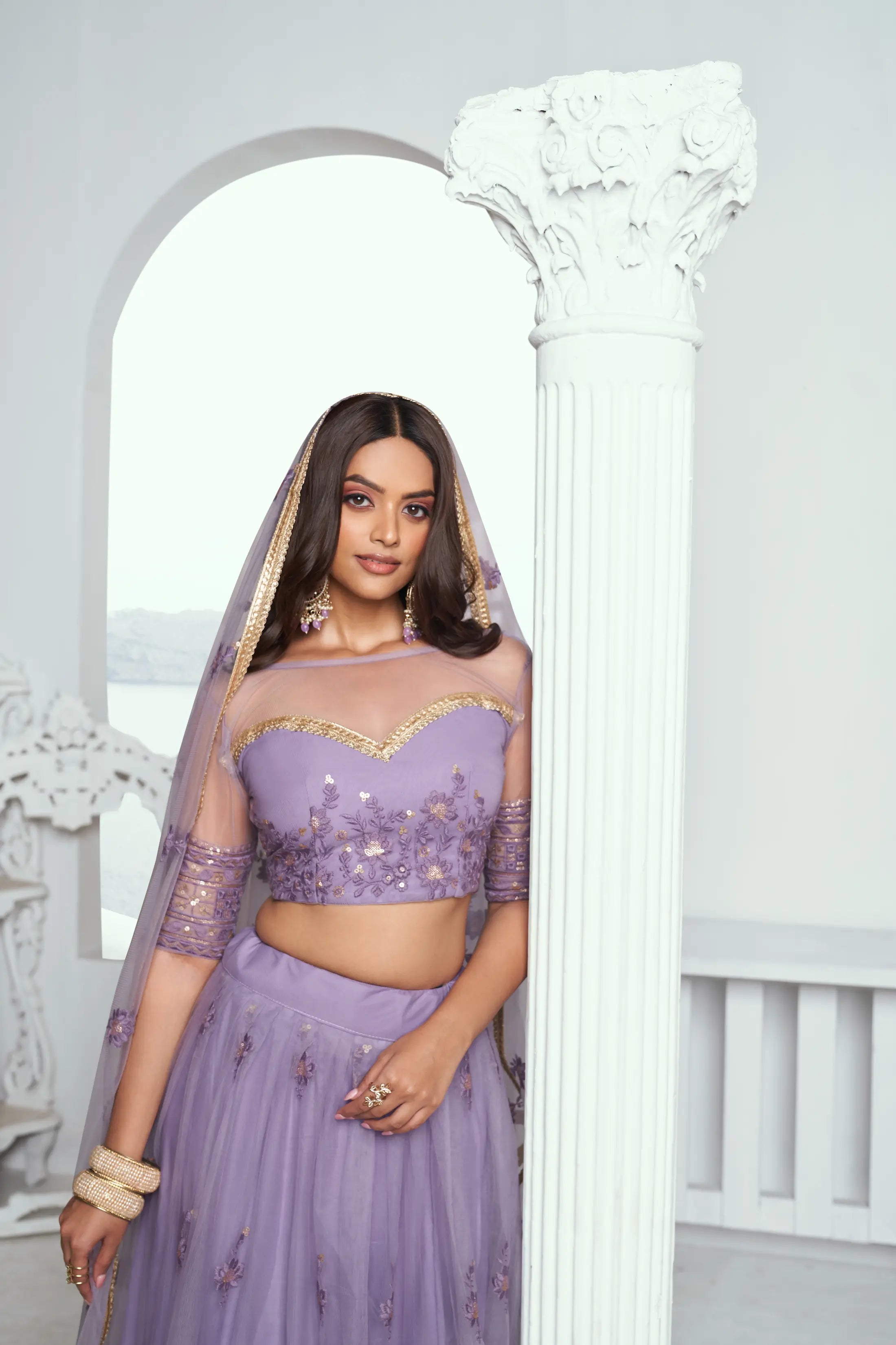 Lavender Net Lehenga Choli with Cotton Thread Work & Sequence Embroidery Work - qivii