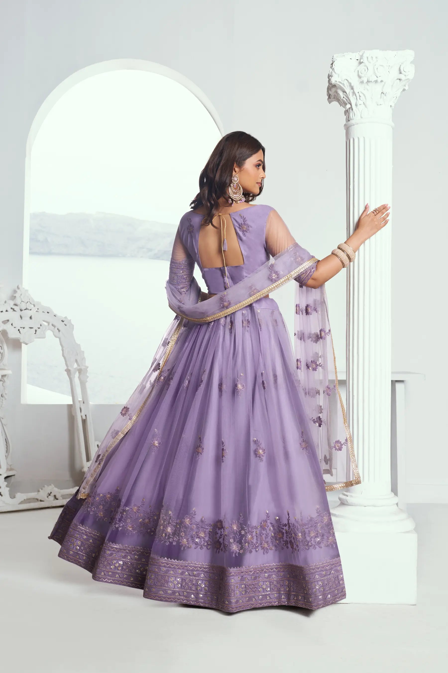 Lavender Net Lehenga Choli with Cotton Thread Work & Sequence Embroidery Work - qivii