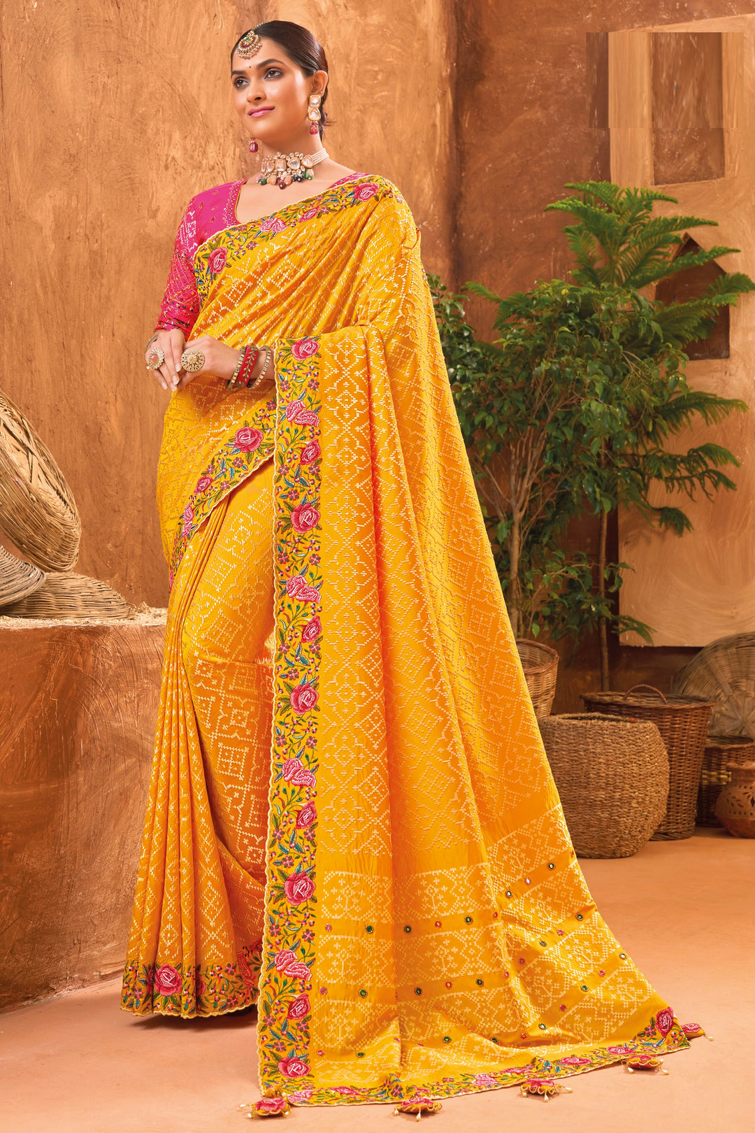 MUSTARD BANARAS SILK SAREE WITH PURE KACHHI WORK, CUT-DANA & MIRROR HEAVY WORK REAL WORK BANARSI SILK