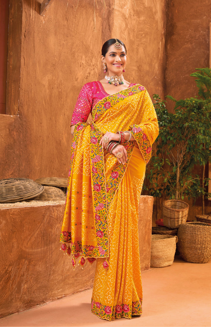 MUSTARD BANARAS SILK SAREE WITH PURE KACHHI WORK, CUT-DANA & MIRROR HEAVY WORK REAL WORK BANARSI SILK