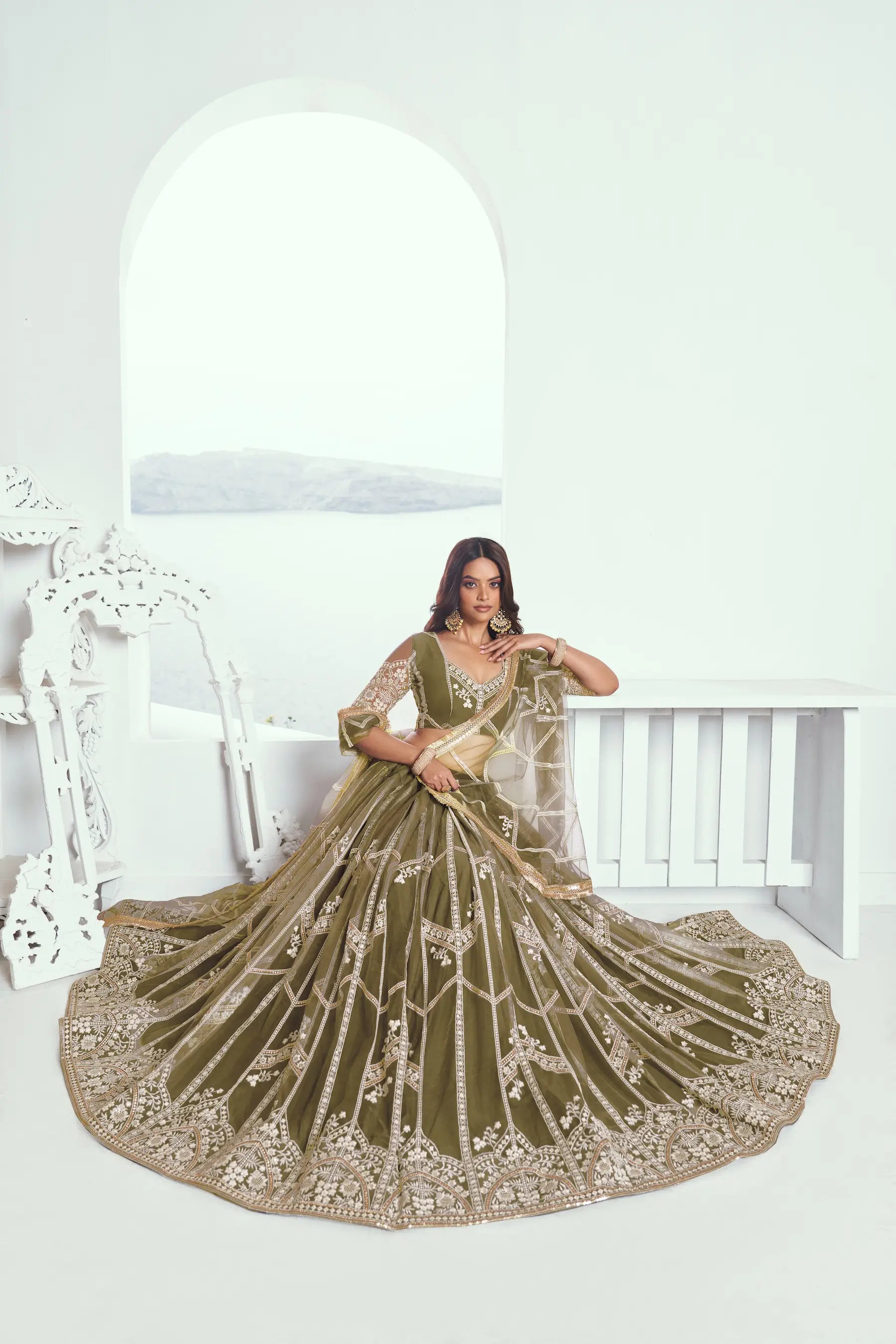 Olive Green Net Lehenga Choli With Sequence & Cotton Thread Work Embroidery Work - qivii