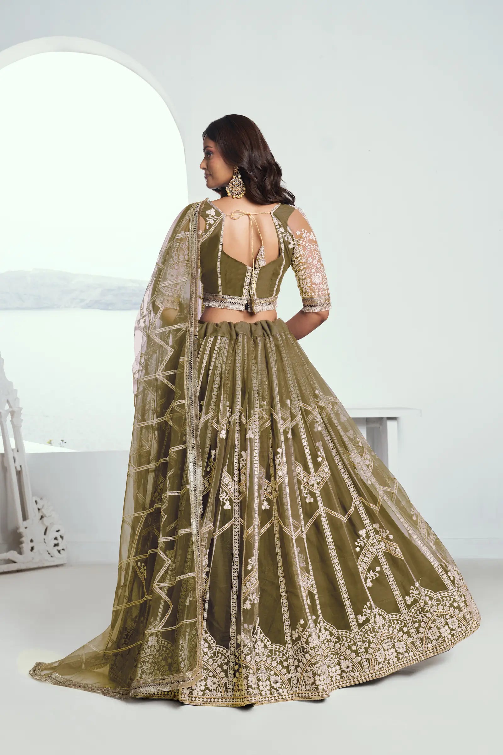 Olive Green Net Lehenga Choli With Sequence & Cotton Thread Work Embroidery Work - qivii