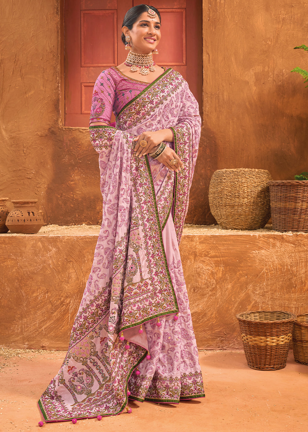 Light Lilac Purple Banarasi Silk Saree with Diamond,Mirror & Kachhi work