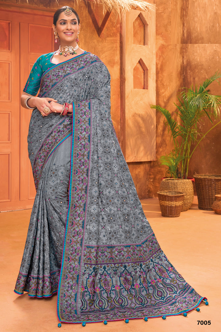 GREY BANARAS SILK SAREE WITH PURE KACHHI WORK, DIAMOND & MIRROR HEAVY WORK REAL WORK MONALISHA SILK