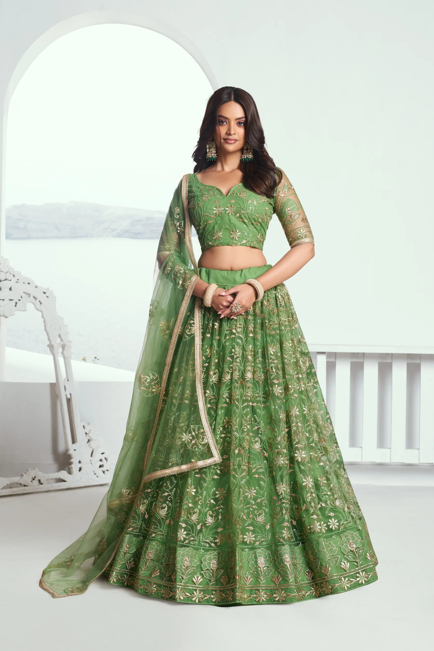 Light Green Net Lehenga Choli With Cotton Thread Work & Sequence Embroidery Work - qivii