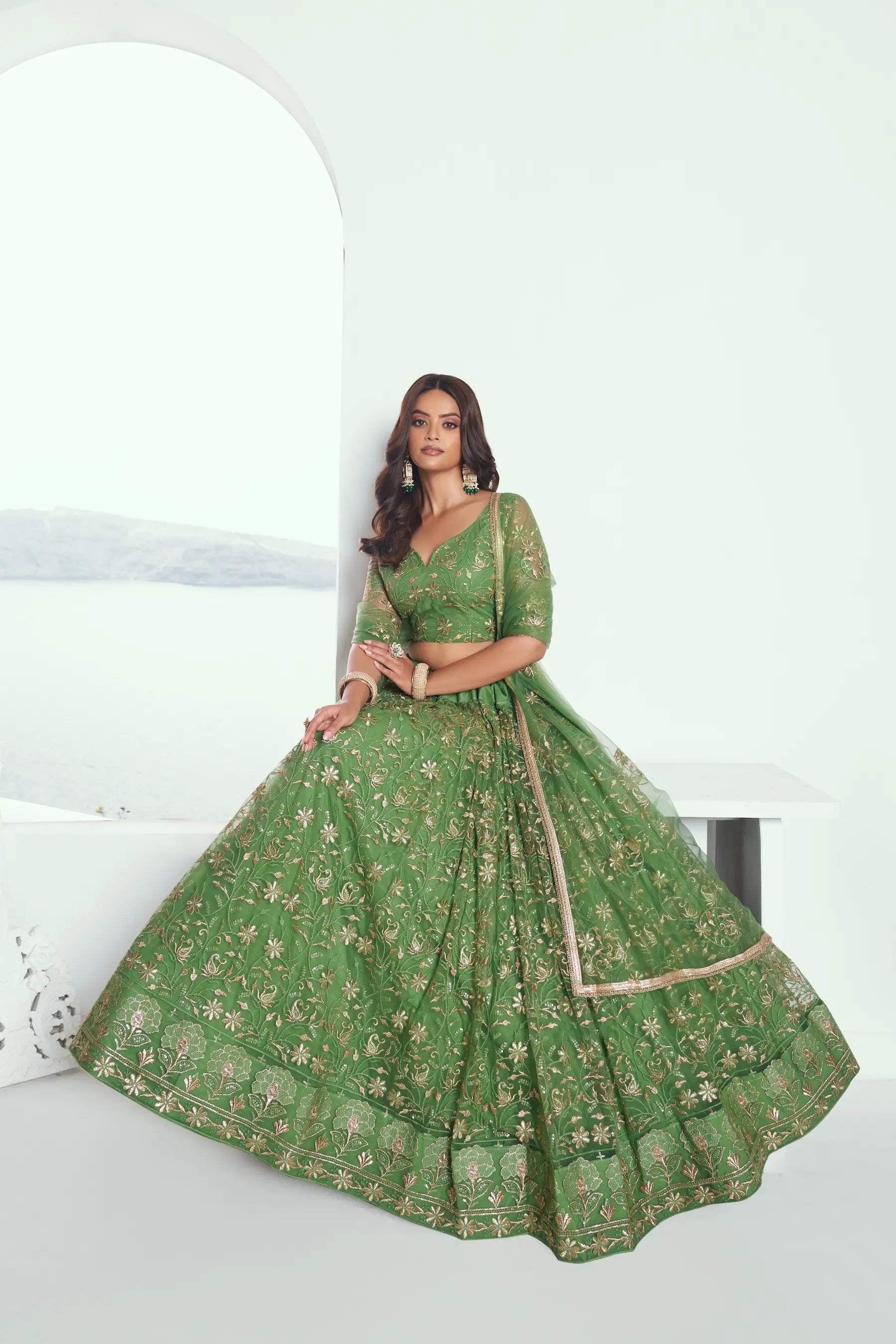 Light Green Net Lehenga Choli With Cotton Thread Work & Sequence Embroidery Work - qivii