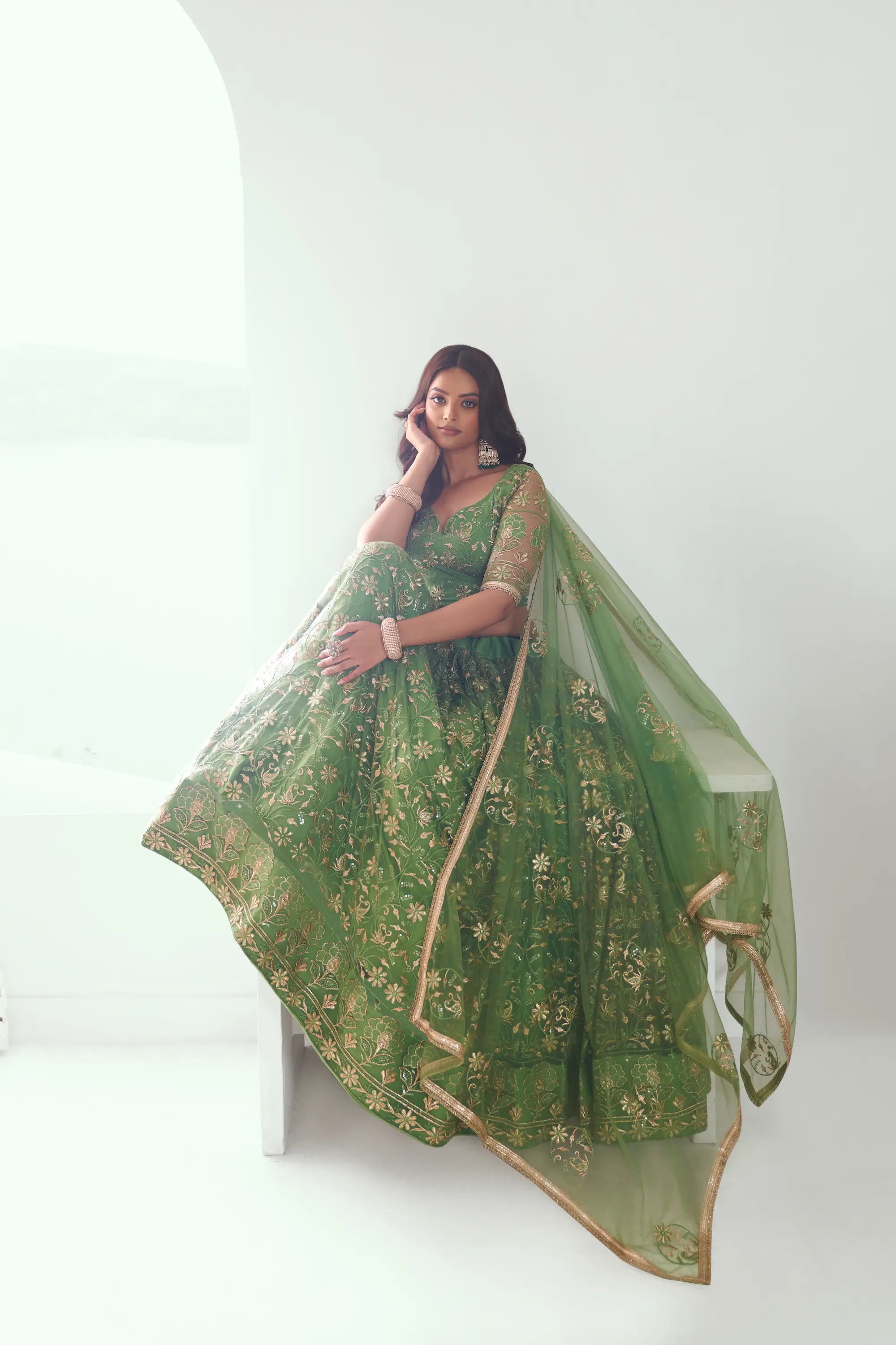 Light Green Net Lehenga Choli With Cotton Thread Work & Sequence Embroidery Work - qivii