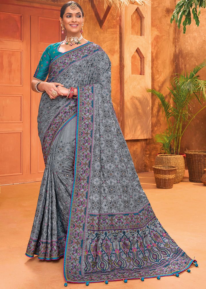 Anchor Grey Banarasi Silk Saree with Diamond,Mirror & Kachhi work