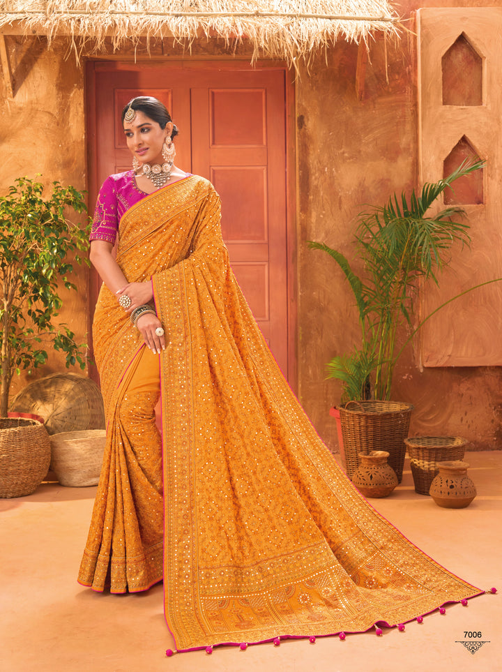 MUSTARD BANARAS SILK SAREE WITH PURE KACHHI WORK, DIAMOND & MIRROR HEAVY WORK REAL WORK REAL SILK