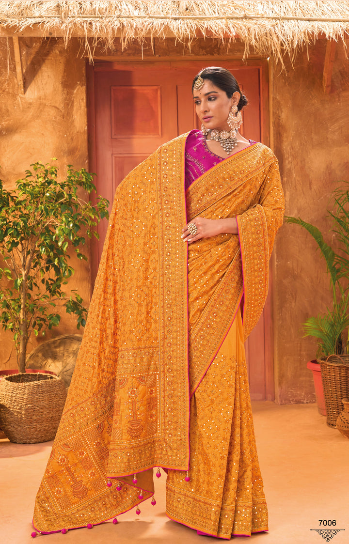 MUSTARD BANARAS SILK SAREE WITH PURE KACHHI WORK, DIAMOND & MIRROR HEAVY WORK REAL WORK REAL SILK