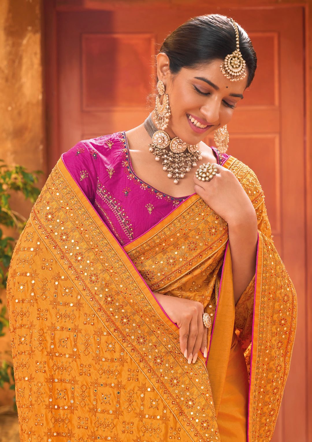 MUSTARD BANARAS SILK SAREE WITH PURE KACHHI WORK, DIAMOND & MIRROR HEAVY WORK REAL WORK REAL SILK