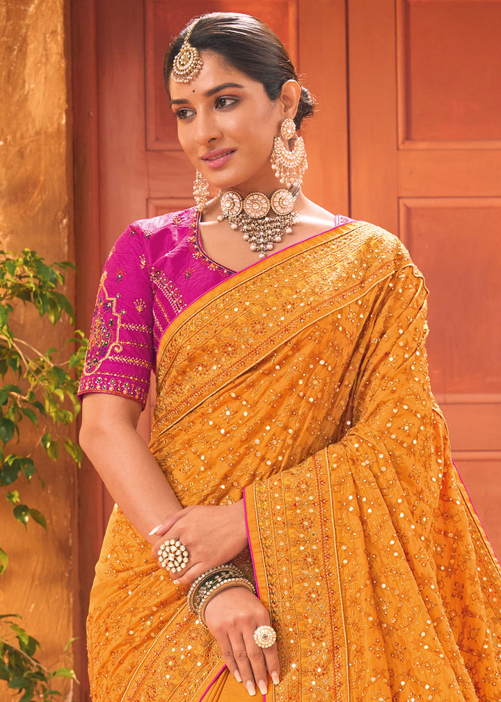 Apricot Orange Banarasi Silk Saree with Diamond,Mirror & Kachhi work