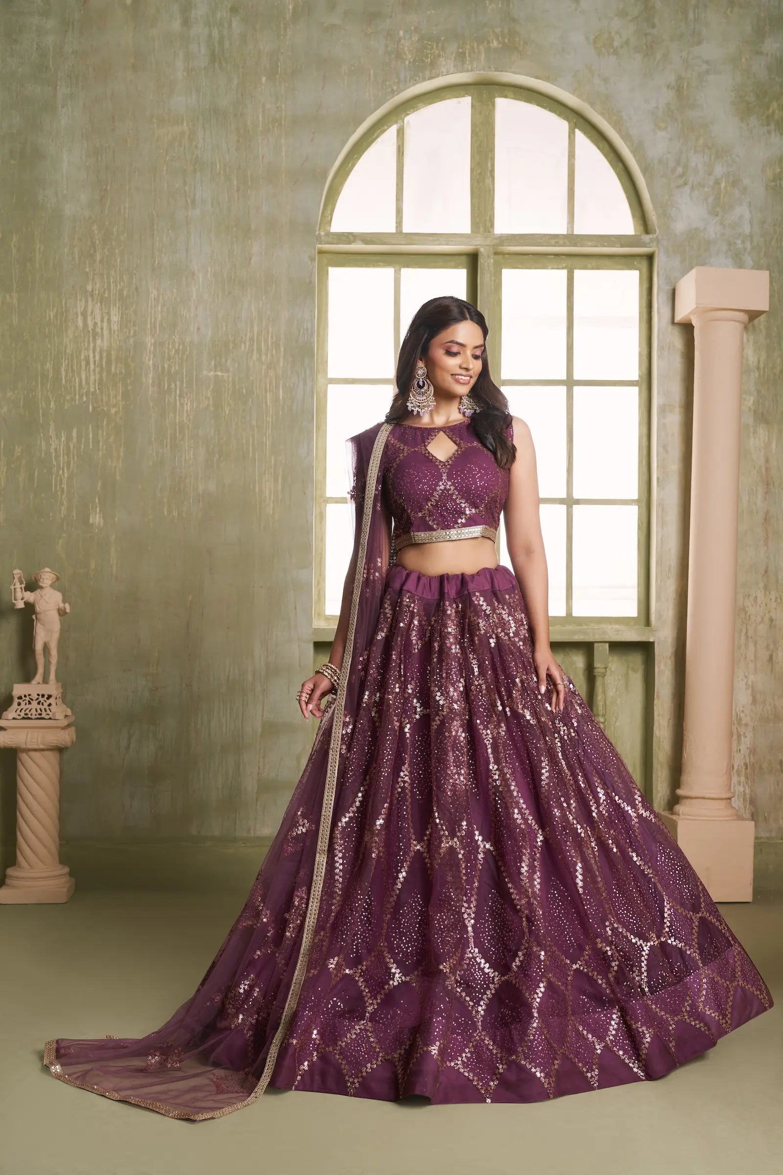 Wine Net Lehenga Choli With Cotton Thread Work & Sequence Embroidery Work - qivii