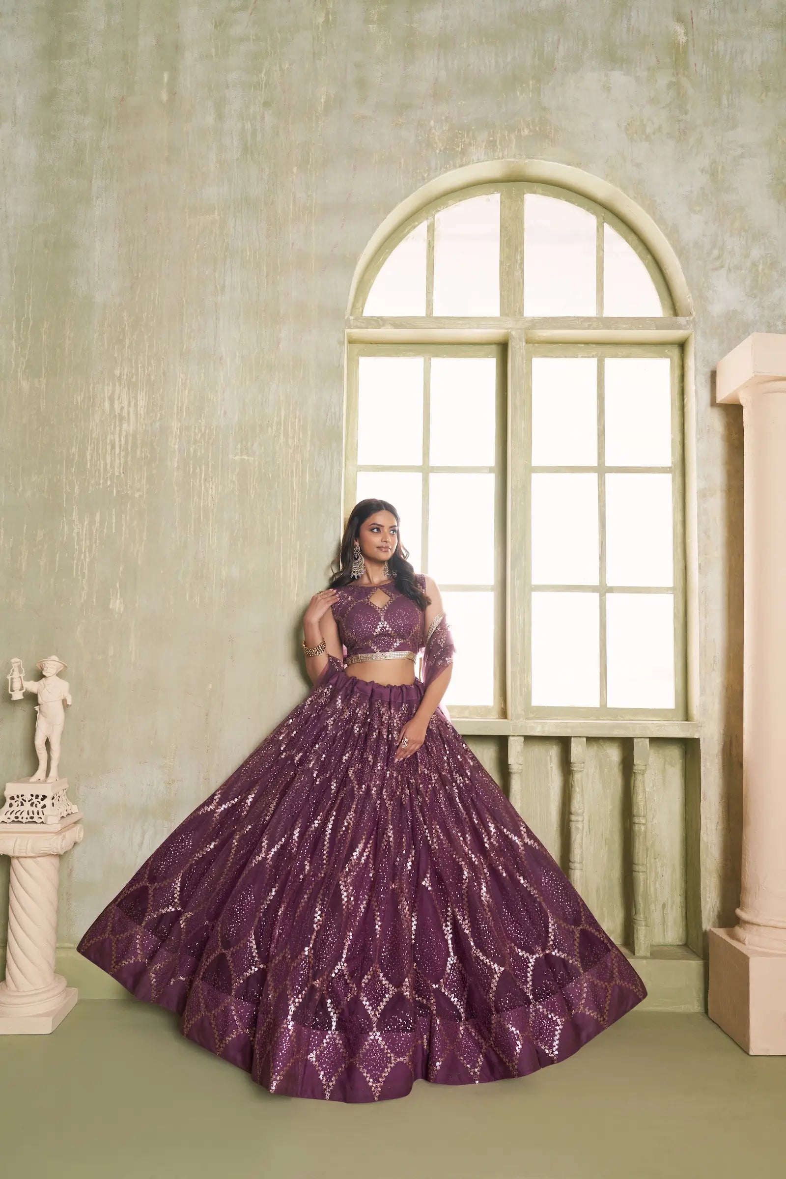 Wine Net Lehenga Choli With Cotton Thread Work & Sequence Embroidery Work - qivii