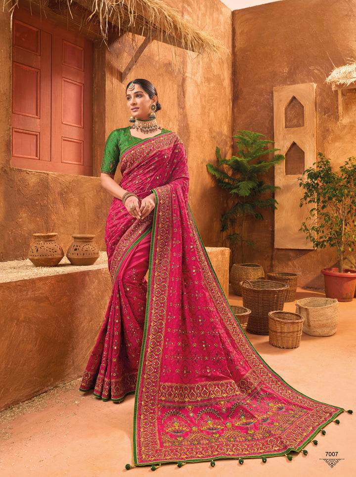 RANI BANARAS SILK SAREE WITH PURE KACHHI WORK, DIAMOND & MIRROR HEAVY WORK REAL WORK MONALISHA SILK