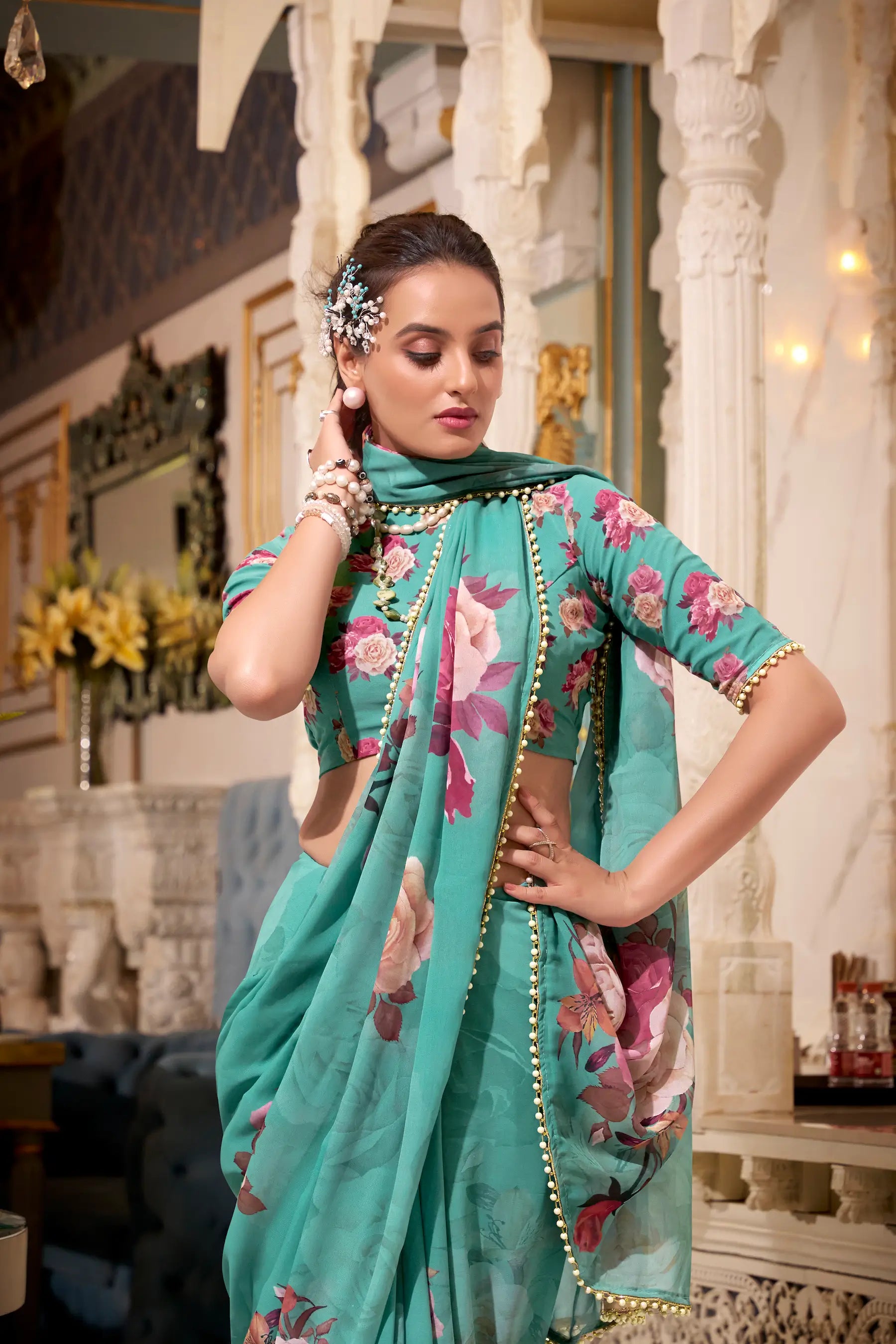 Sea Green Georgette Floral Print & Pearl Lace Border Saree - qivii