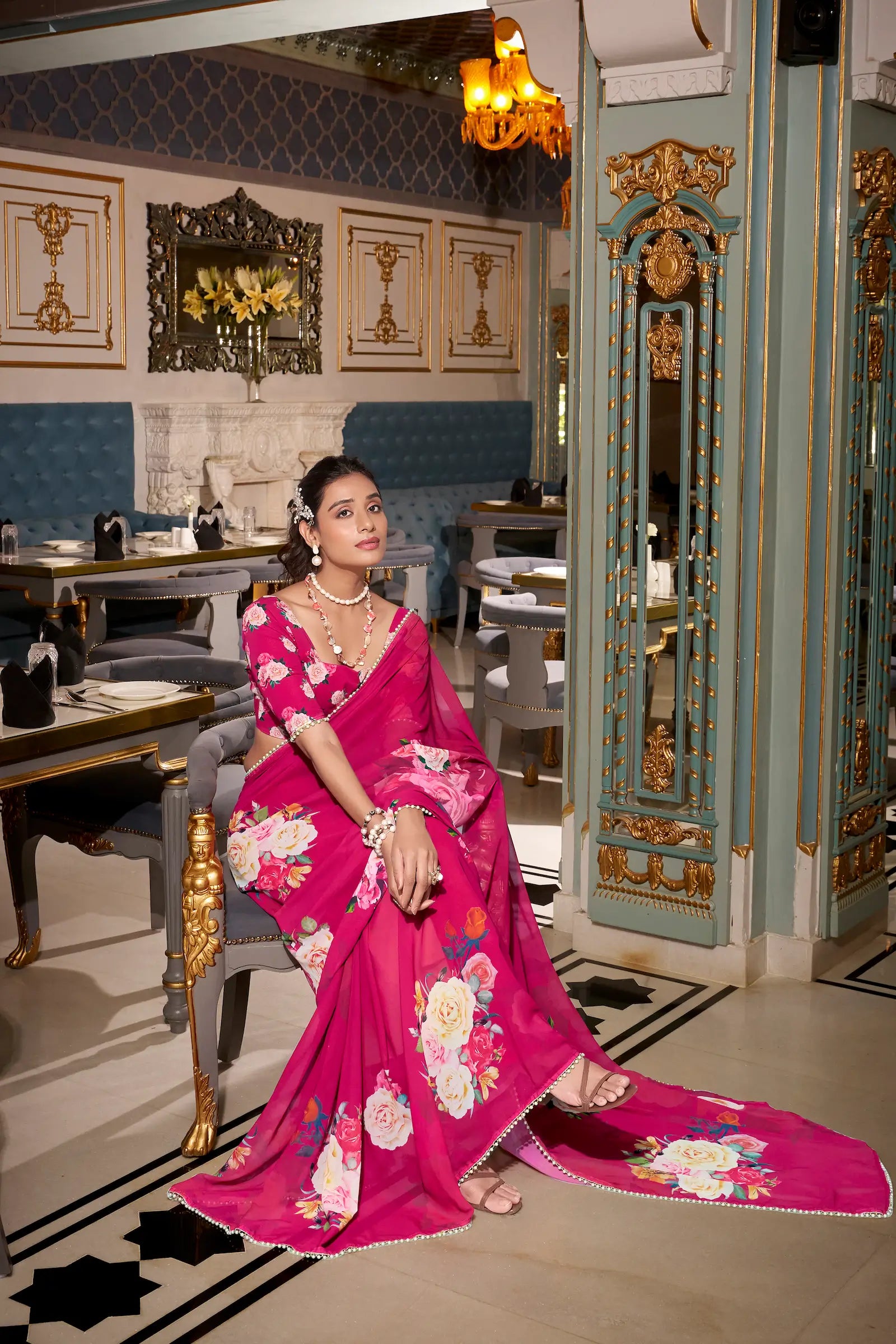 Dark Pink Georgette Floral Print & Pearl Lace Border Saree