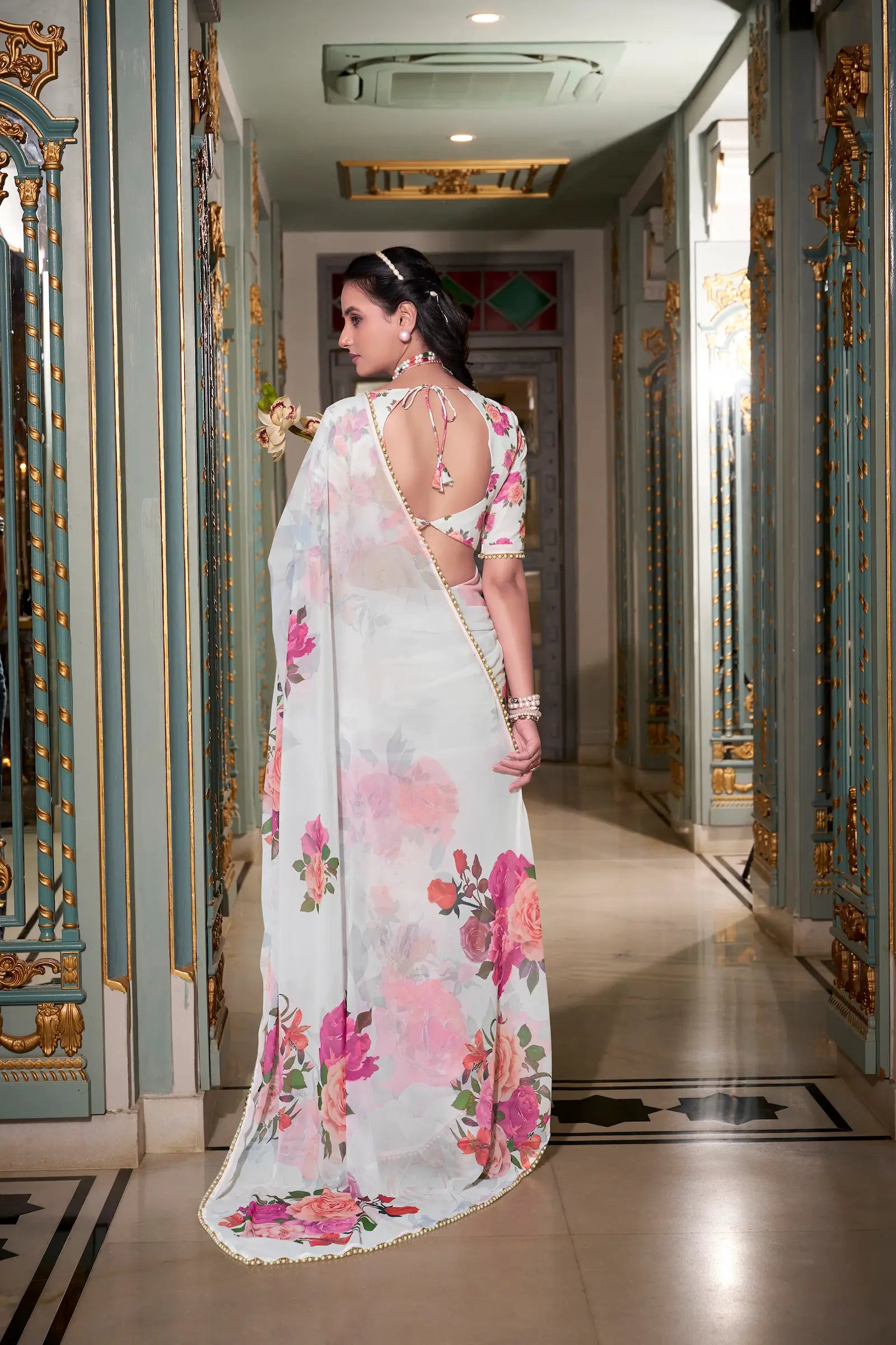 White Georgette Floral Print & Pearl Lace Border Saree