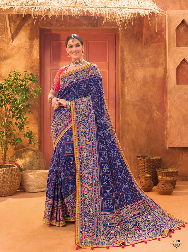 BLUE BANARAS SILK SAREE WITH PURE KACHHI WORK, DIAMOND & MIRROR HEAVY WORK REAL WORK BANARSI SILK