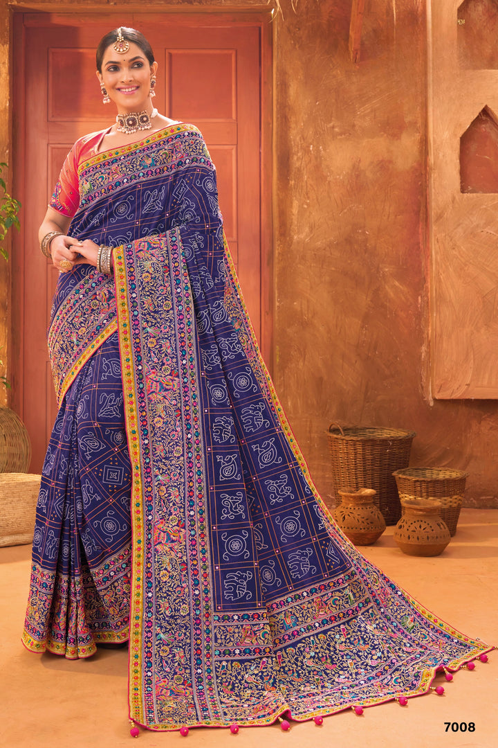 BLUE BANARAS SILK SAREE WITH PURE KACHHI WORK, DIAMOND & MIRROR HEAVY WORK REAL WORK BANARSI SILK