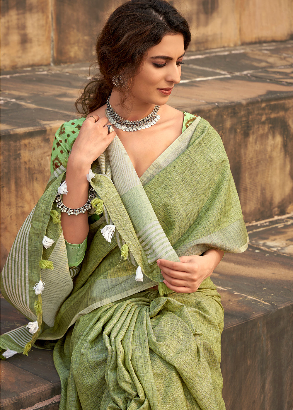 Lime Green Soft Linen Silk Saree with Khadi Print and  Tassels on Pallu