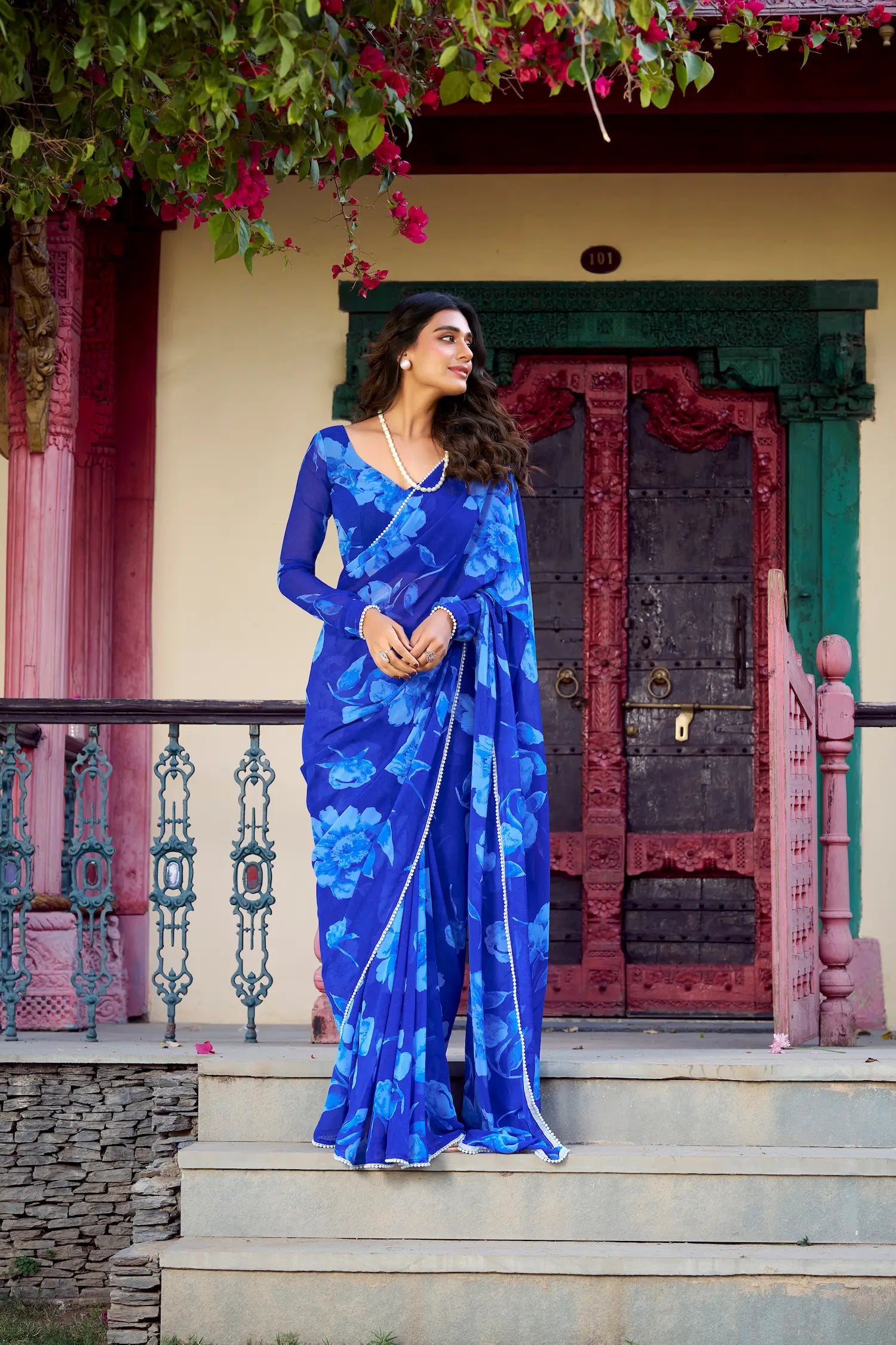 Blue Chiffon Saree With Floral Print & Pearl Lace Border - qivii