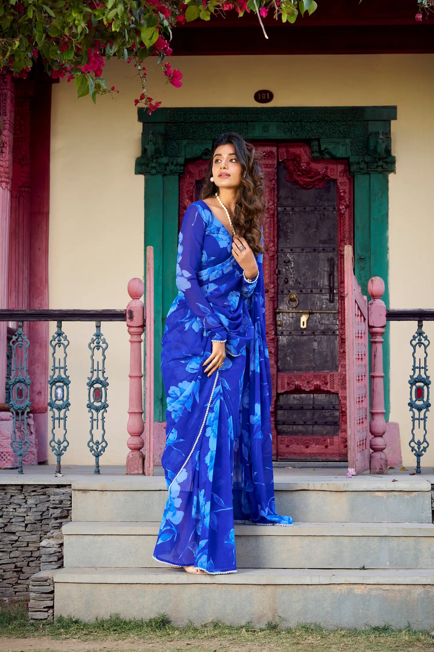 Blue Chiffon Saree With Floral Print & Pearl Lace Border - qivii