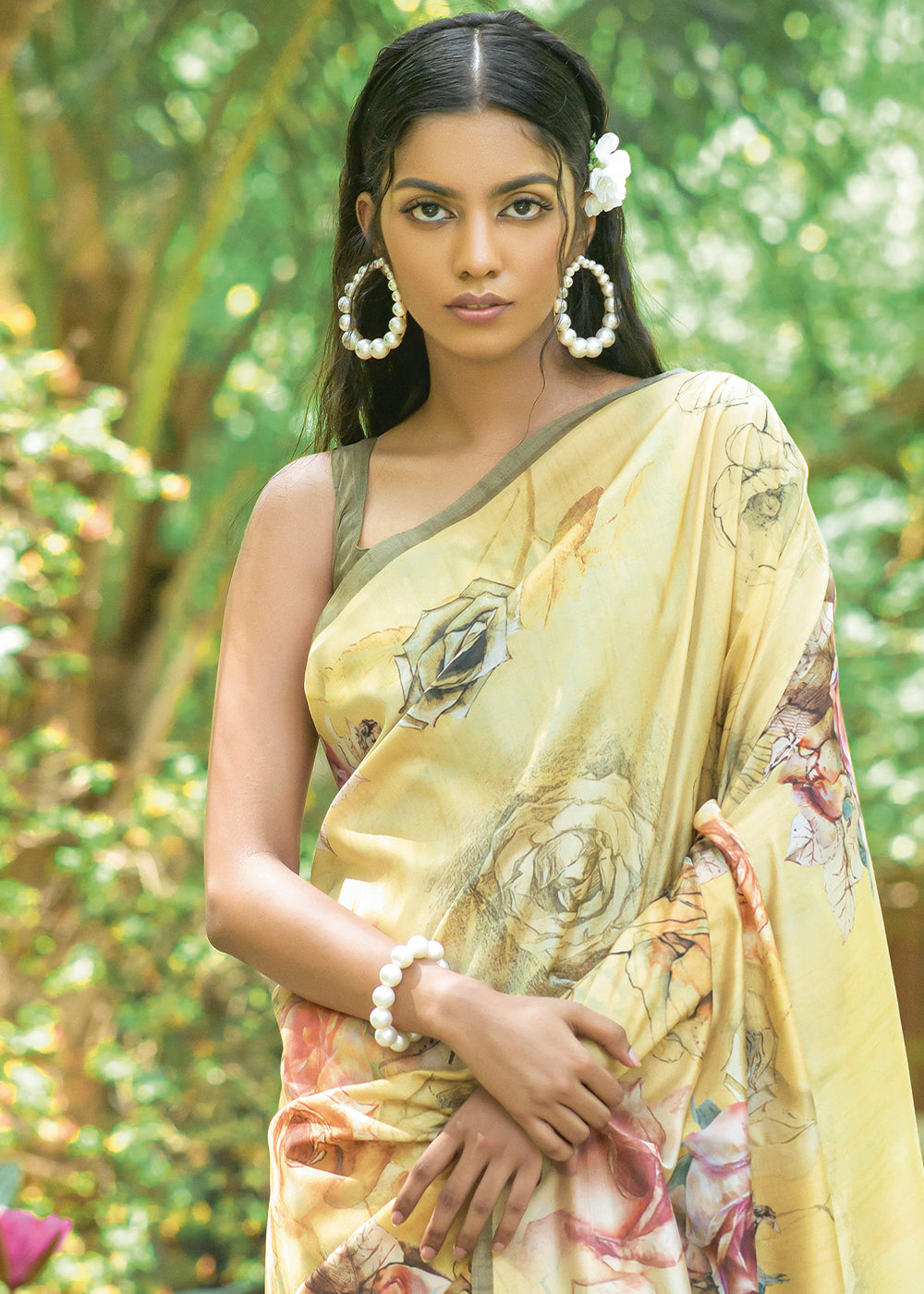 Blonde Yellow Floral Printed Silk Saree - qivii