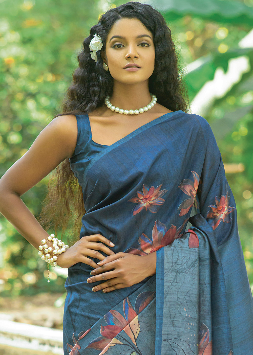 Yale Blue Floral Printed Silk Saree - qivii