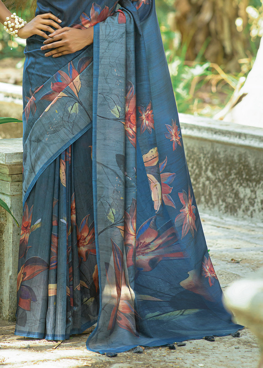 Yale Blue Floral Printed Silk Saree - qivii