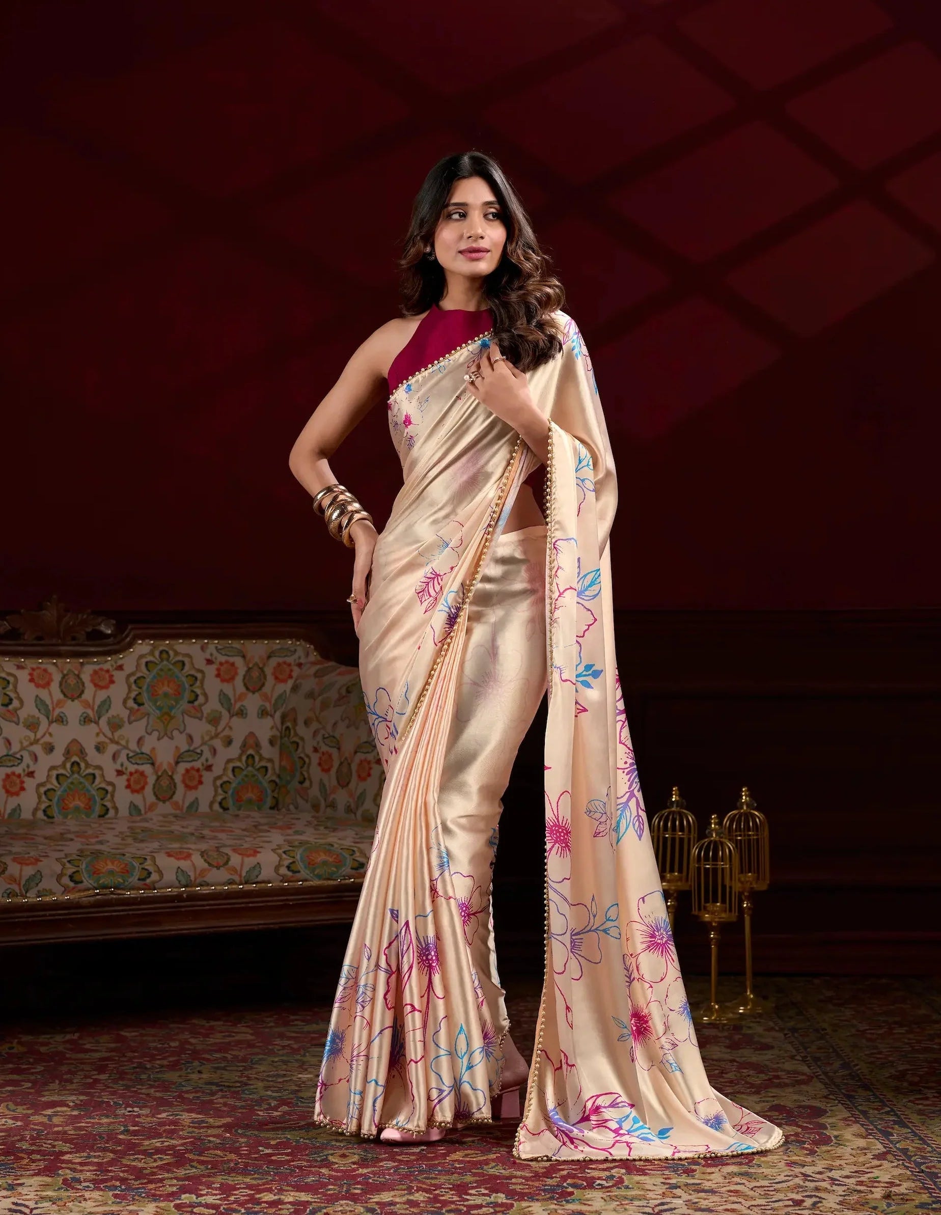Warm Beige Satin Silk Floral Saree
