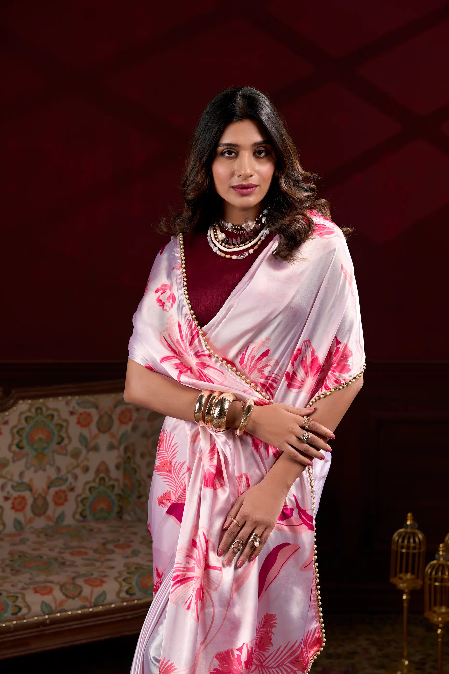 Blush Pink Satin Silk Floral Saree