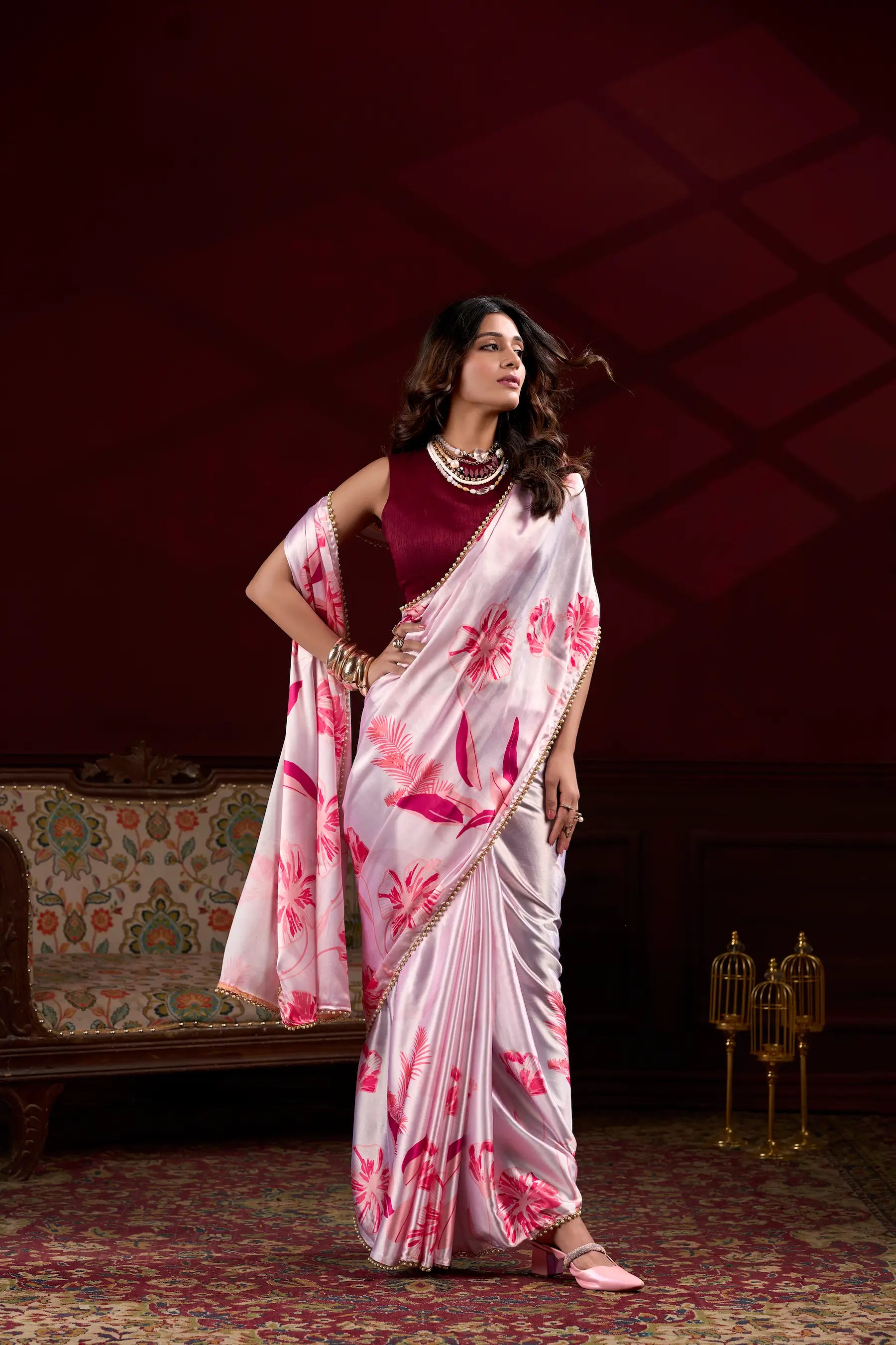 Blush Pink Satin Silk Floral Saree