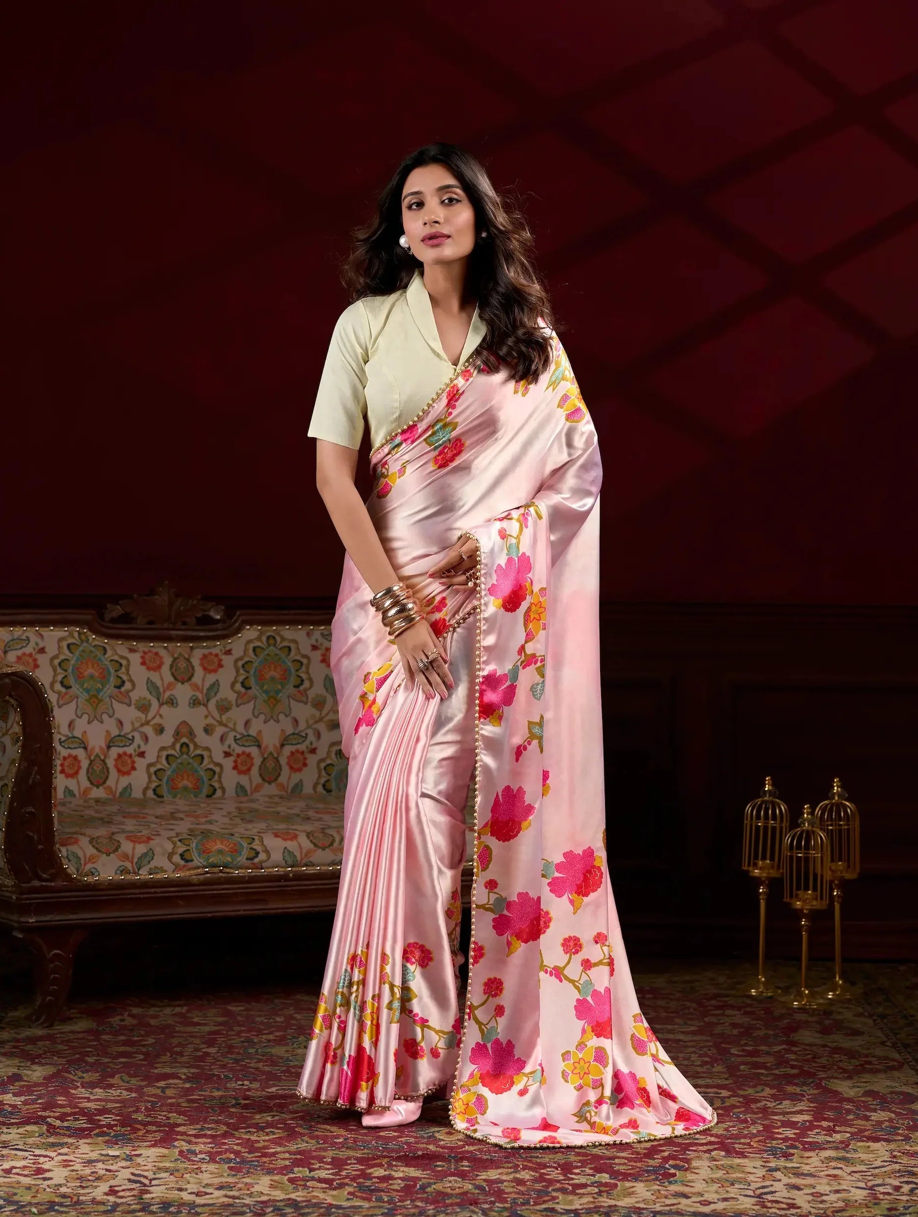 Peach Pink Satin Silk Floral Saree