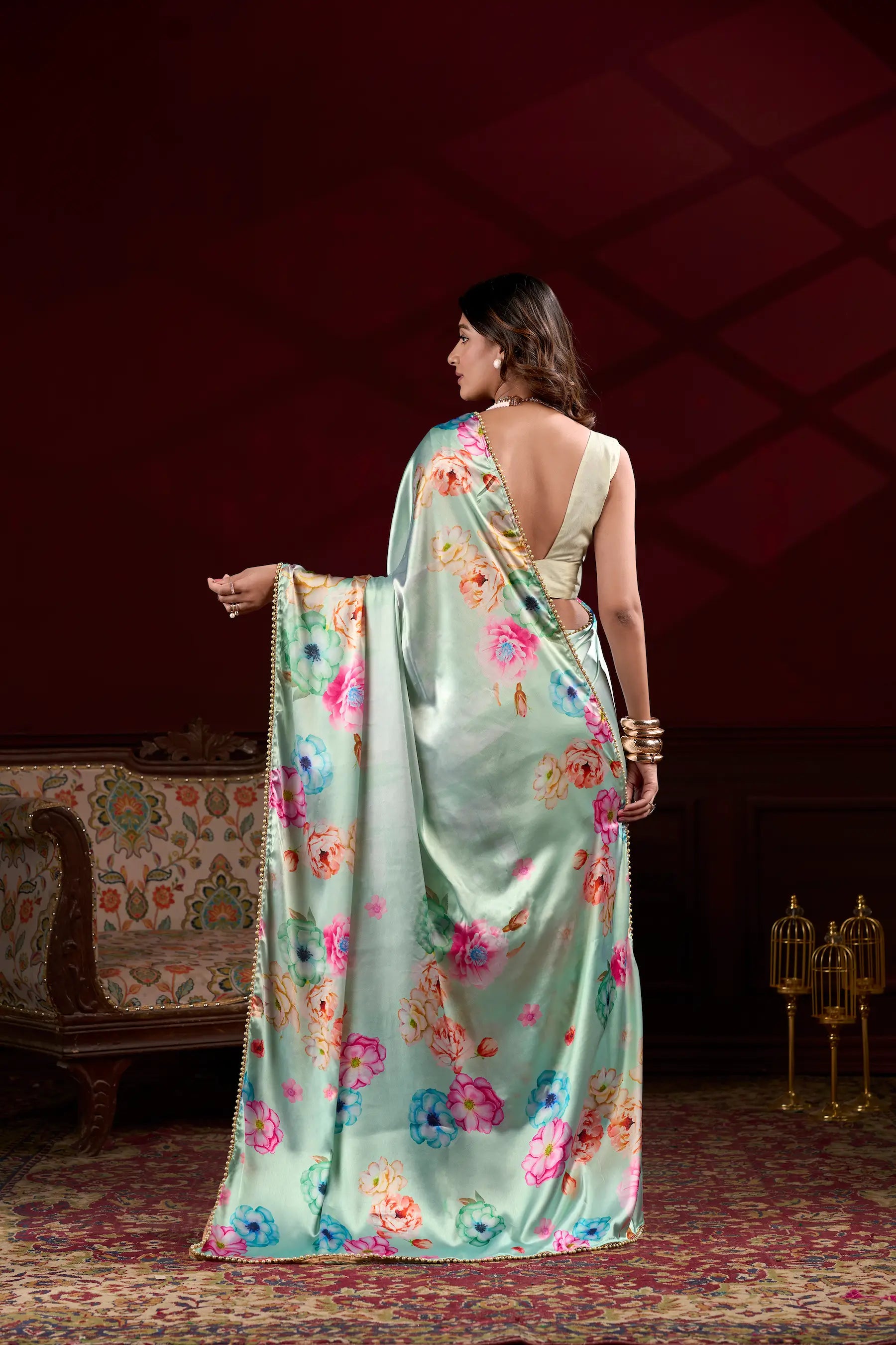 Mint Green Satin Silk Floral Saree