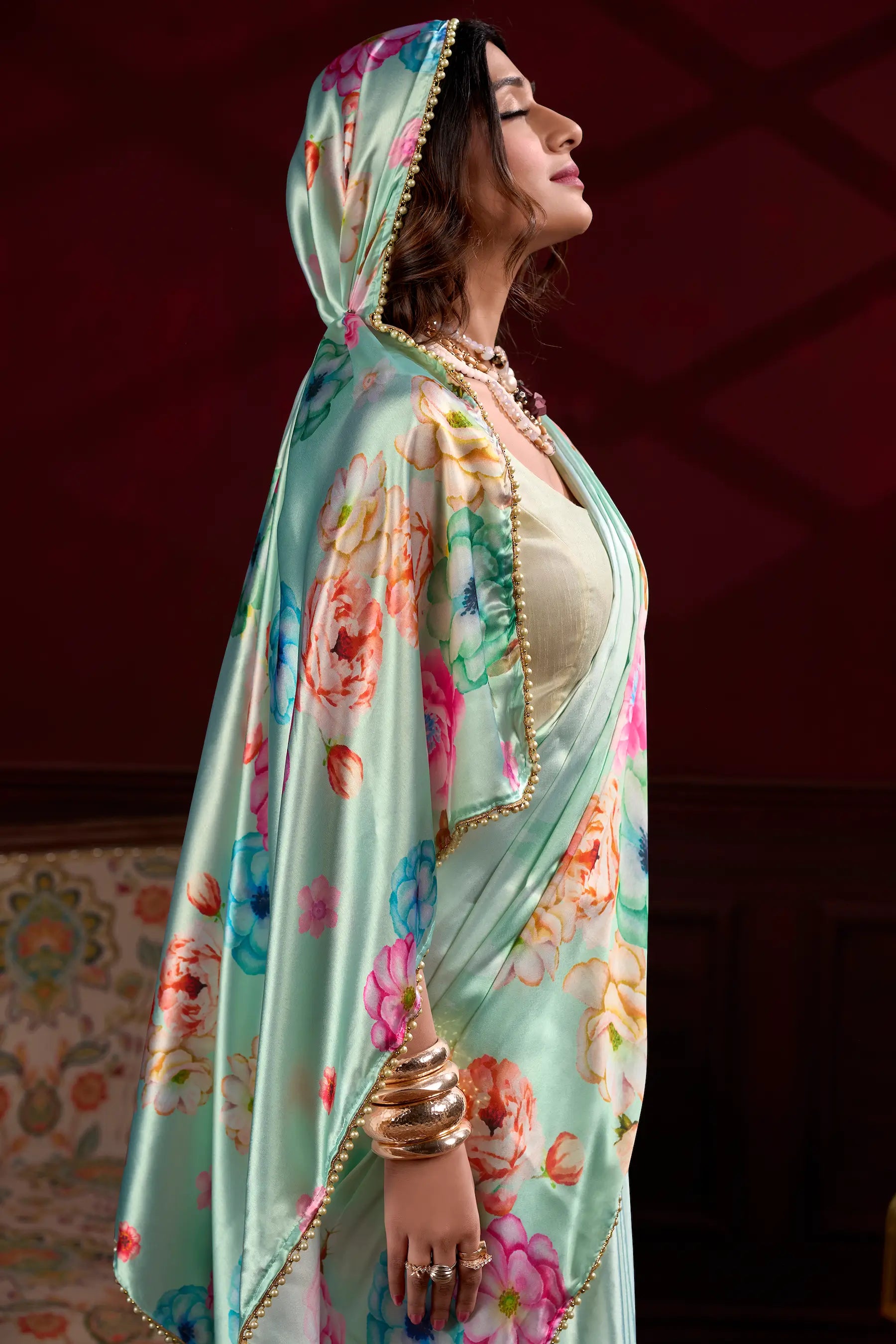 Mint Green Satin Silk Floral Saree