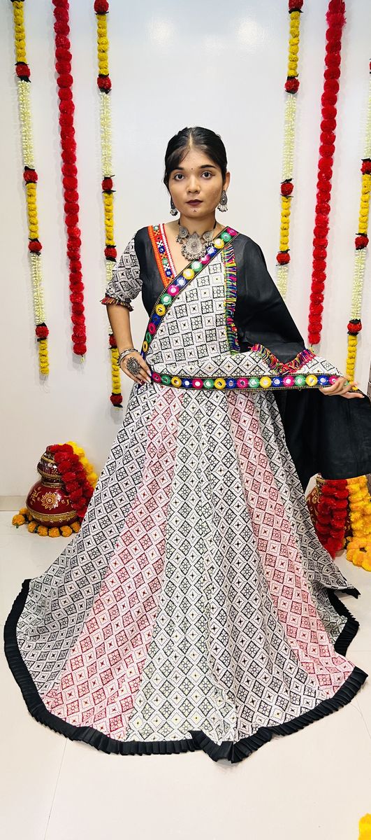 MULTI COLOUR PURE COTTON SILK,PRINTED, GAMTHI, MIRROR WORK LEHENGA