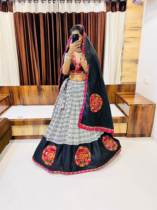 MULTI COLOUR PURE COTTON SILK PRINTED, GAMTHI, MIRROR WORK LEHENGA